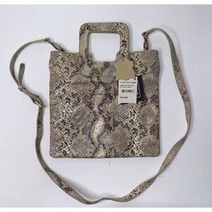 TMRW STUDIO Mateo Snakeskin Embossed Foldover Clutch Leather Tan Brown‎ Chic New